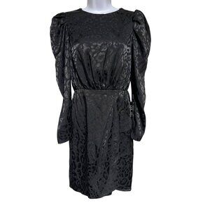Black Leopard Puff Sleeve Belted Mini Dress By Express Womens XS 3/4 Sleeve
